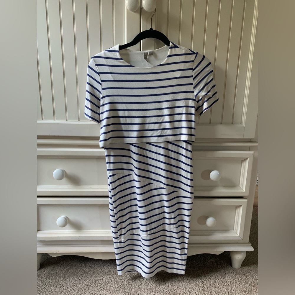 Navy and white striped bump-friendly nursing dress